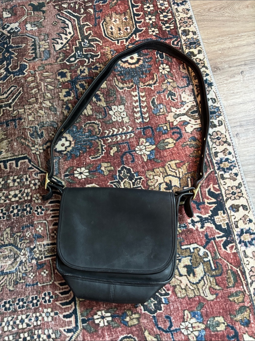 Coach Vintage Black Leather Crossbody Bag with Gold Hardware